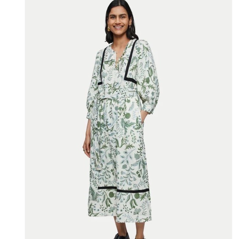 Jigsaw Botanist Floral Linen Dress Womens 8 Green Midi Cottagecore Coastal GMA